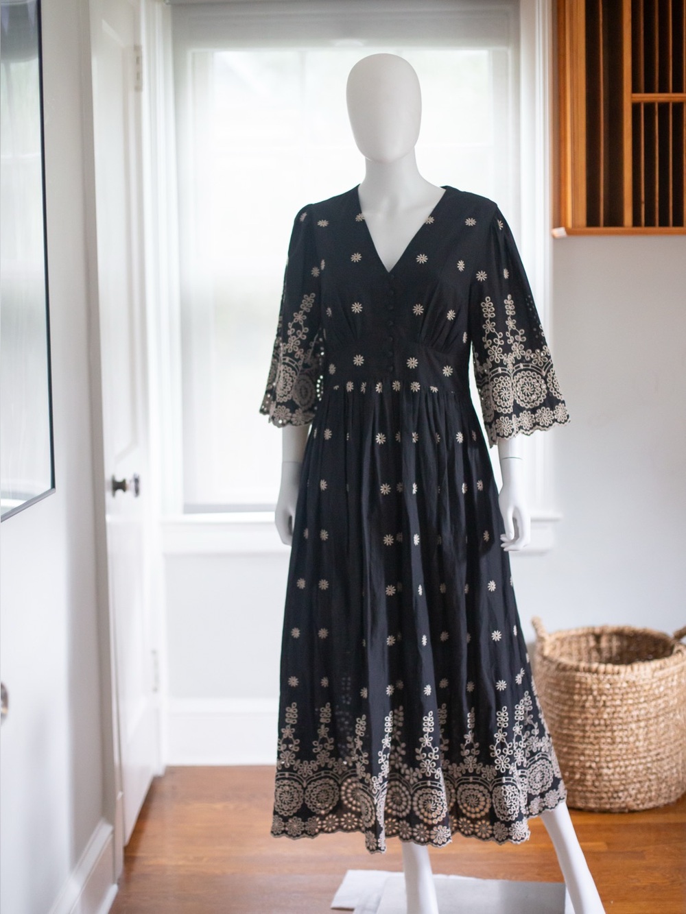 Garnet Hill Black Midi Dress with Cream Embroidered Accents, organic cotton